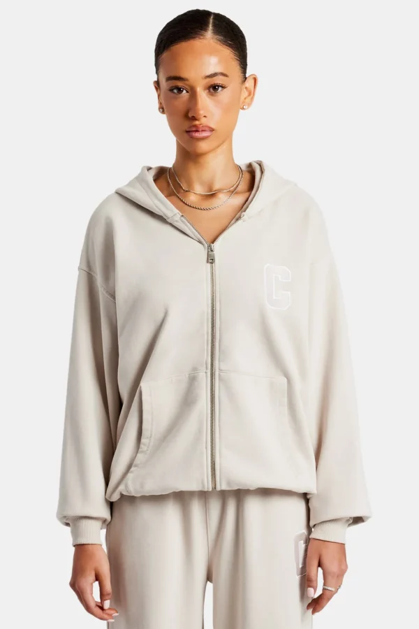 C Embroidered Zip Through Hoodie - Stone