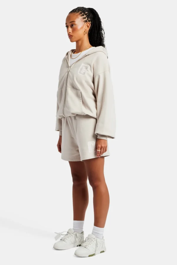 C Embroidered Zip Through Hoodie & Short Set - Stone