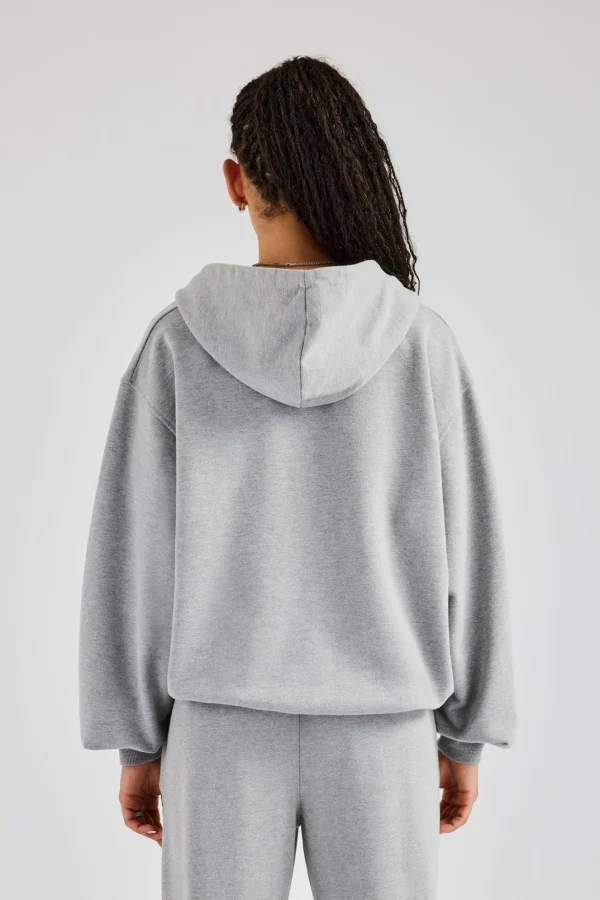 C Embroidered Zip Through Hoodie - Grey Marl