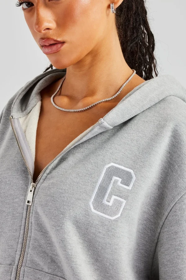 C Embroidered Zip Through Hoodie - Grey Marl