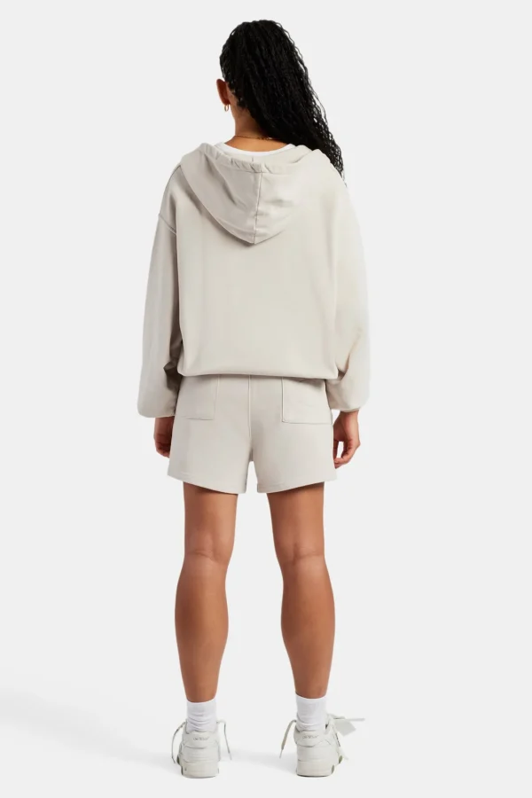 C Embroidered Zip Through Hoodie & Short Set - Stone