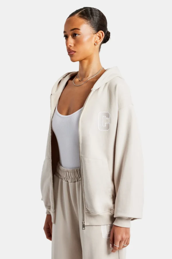 C Embroidered Zip Through Hoodie - Stone