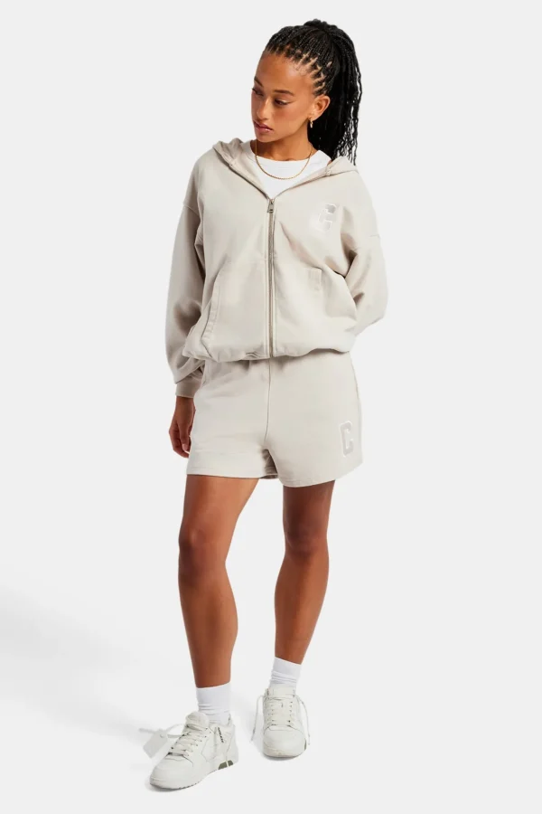 C Embroidered Zip Through Hoodie & Short Set - Stone