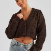 Cable Knit Embroidered Cardigan - Chocolate