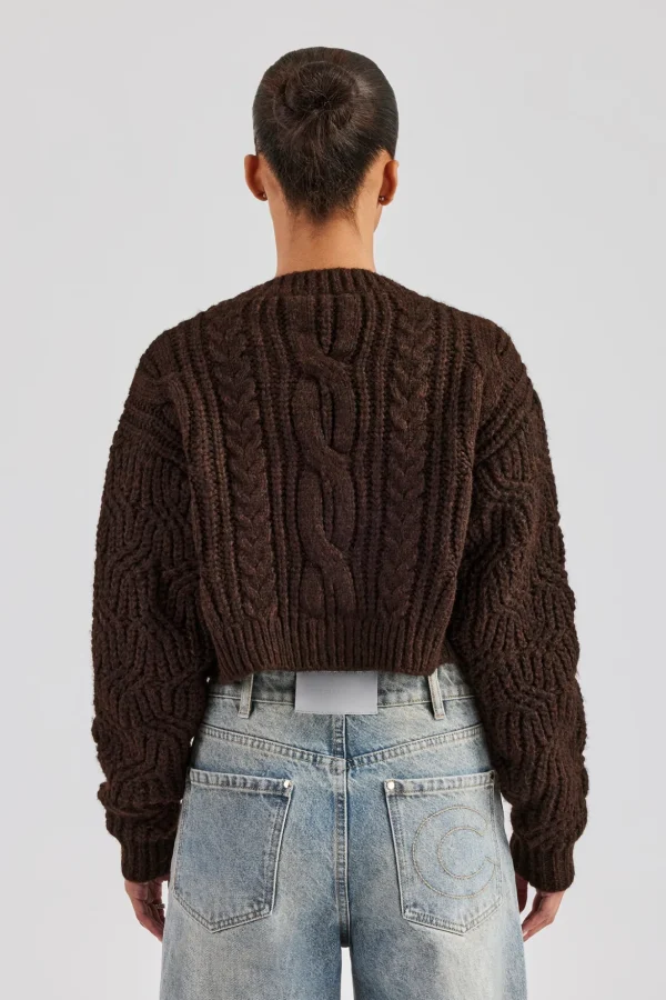 Cable Knit Embroidered Cardigan - Chocolate