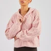 Cable Knit Zip Through Knit Hoodie - Baby Pink