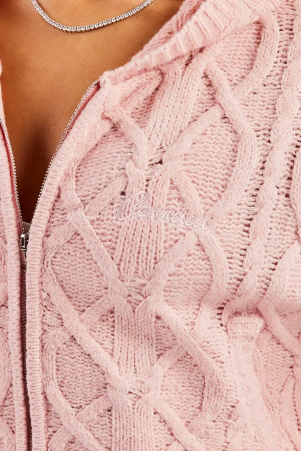 Cable Knit Zip Through Knit Hoodie - Baby Pink