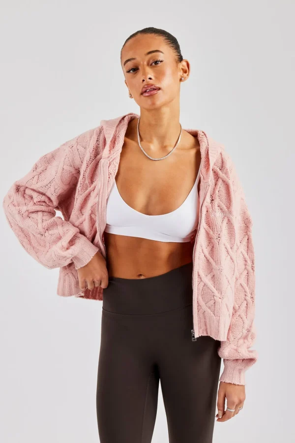 Cable Knit Zip Through Knit Hoodie - Baby Pink