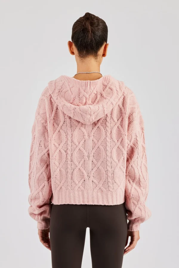 Cable Knit Zip Through Knit Hoodie - Baby Pink