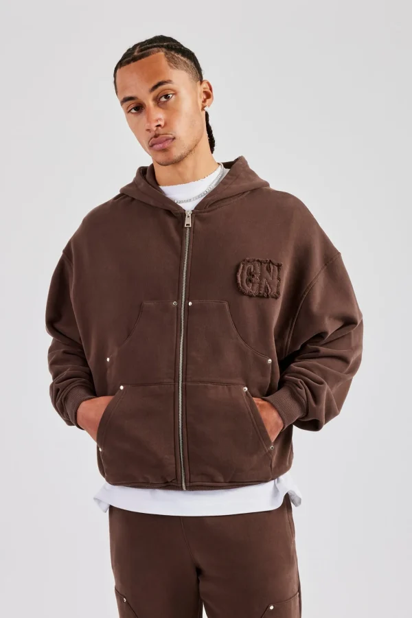 Carpenter Raw Edge Zip Through Hoodie - Chocolate