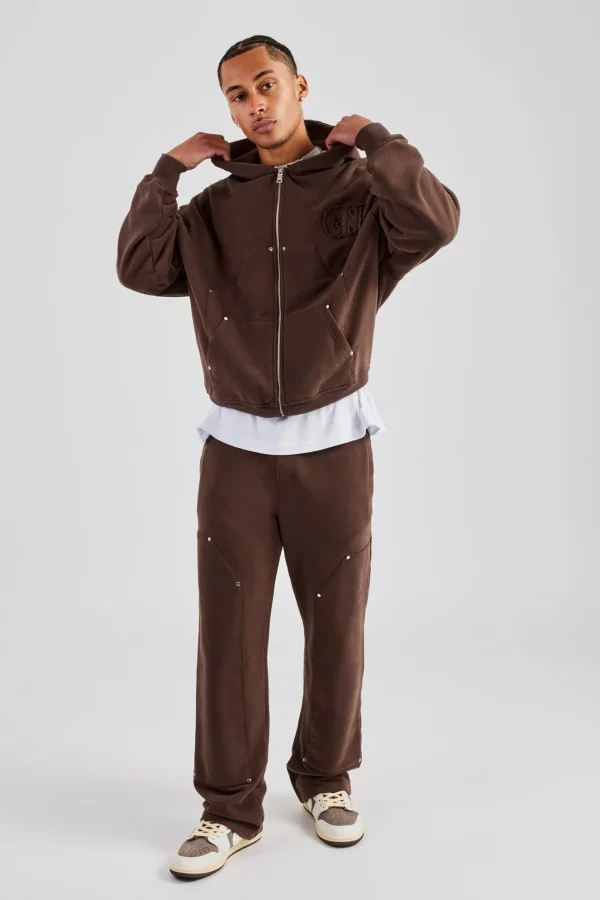 Carpenter Raw Edge Zip Through Hoodie - Chocolate