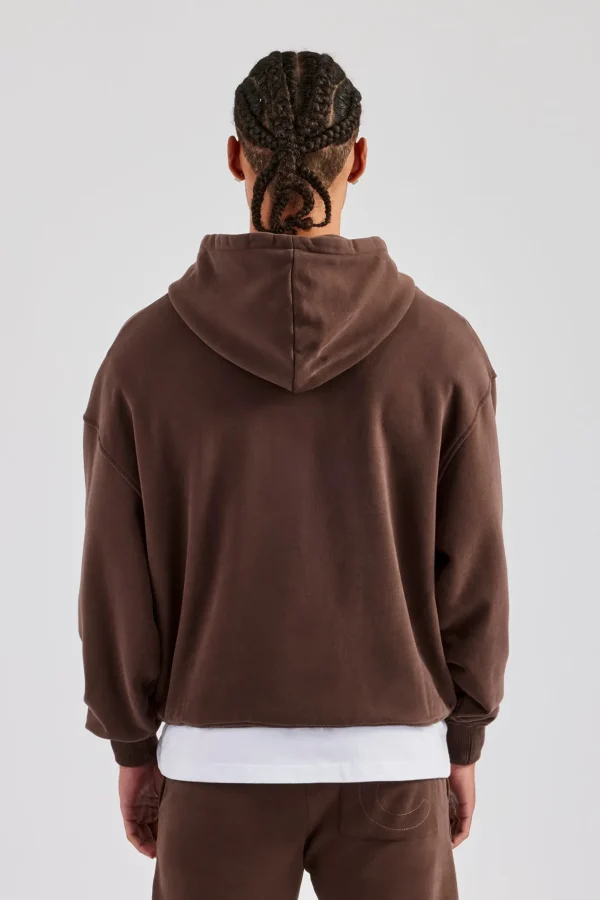 Carpenter Raw Edge Zip Through Hoodie - Chocolate