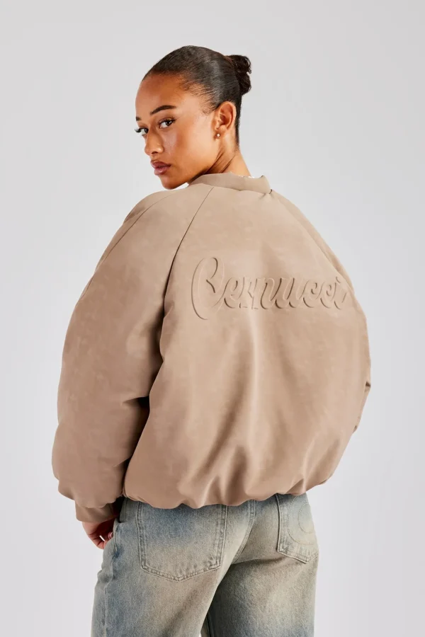 Cernucci Cropped PU Puffer Bomber Jacket - Taupe