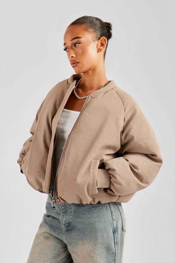 Cernucci Cropped PU Puffer Bomber Jacket - Taupe