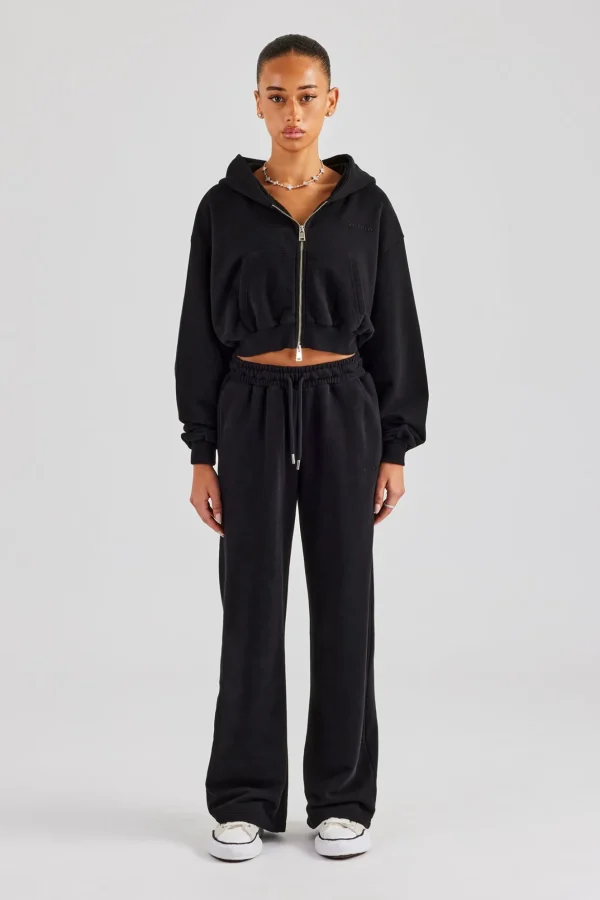 Cernucci Cropped Zip Through Hoodie & Wide Leg Jogger - Black