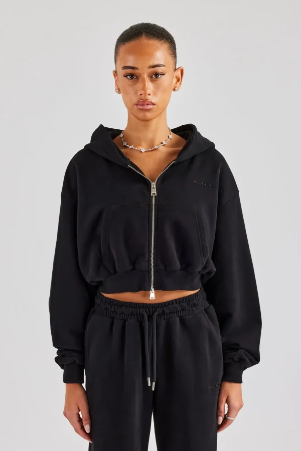 Cernucci Cropped Zip Through Hoodie - Black