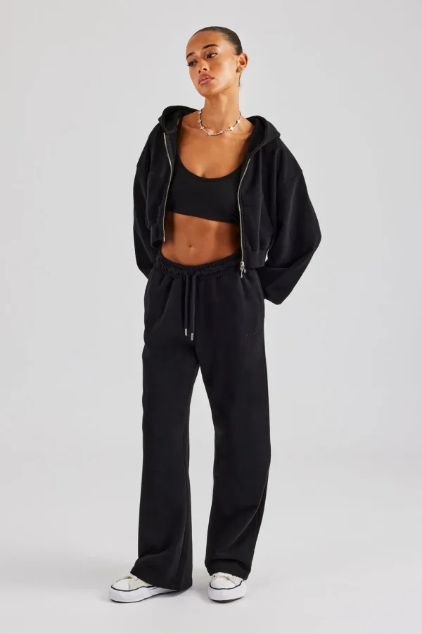 Cernucci Cropped Zip Through Hoodie & Wide Leg Jogger - Black