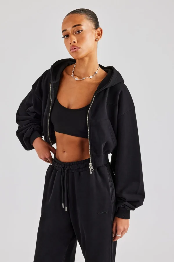 Cernucci Cropped Zip Through Hoodie - Black