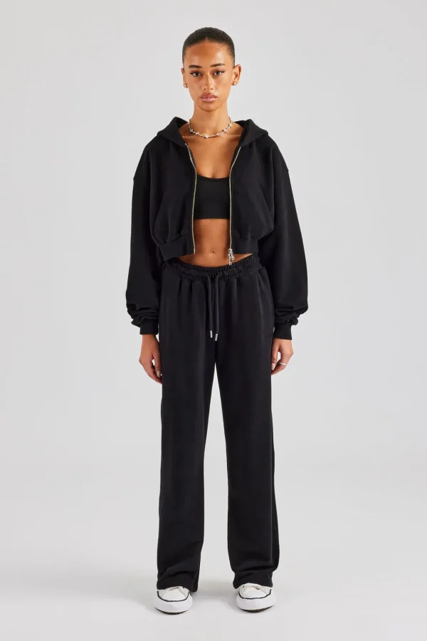 Cernucci Cropped Zip Through Hoodie & Wide Leg Jogger - Black