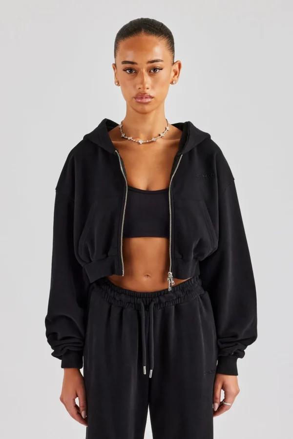 Cernucci Cropped Zip Through Hoodie - Black