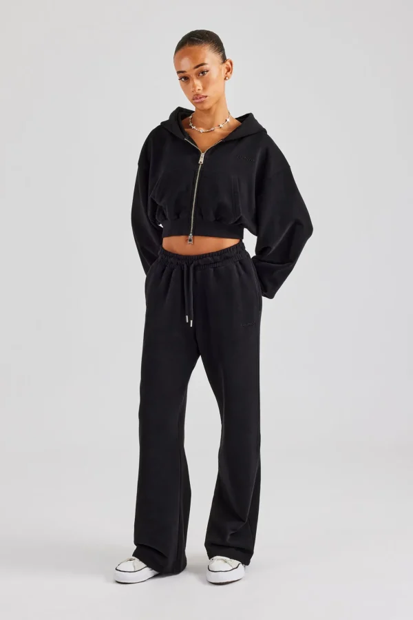 Cernucci Cropped Zip Through Hoodie & Wide Leg Jogger - Black