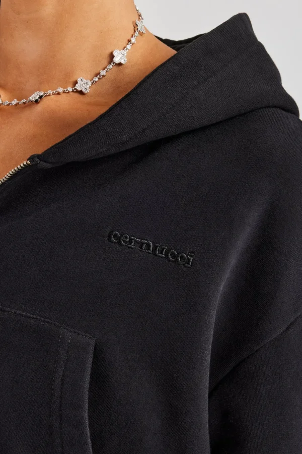 Cernucci Cropped Zip Through Hoodie - Black