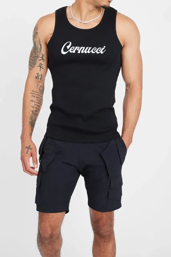 Cernucci Embroidered Muscle Fit Vest - Black