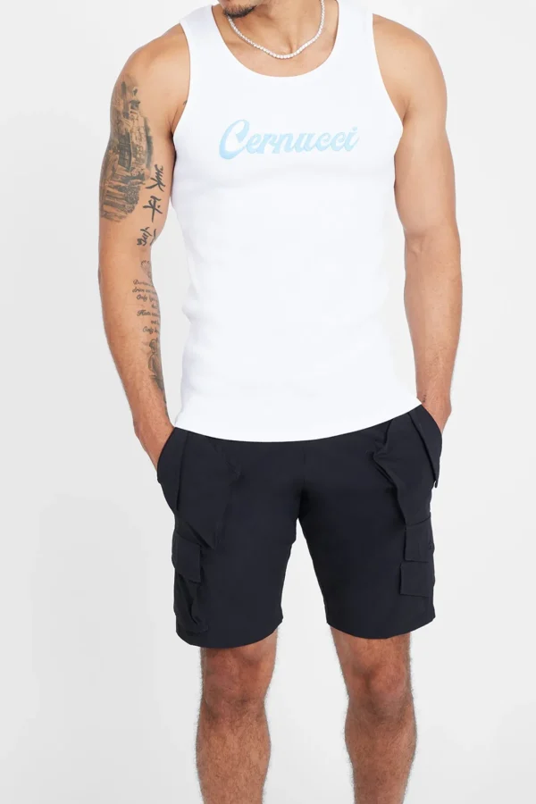 Cernucci Embroidered Muscle Fit Vest - White & Blue