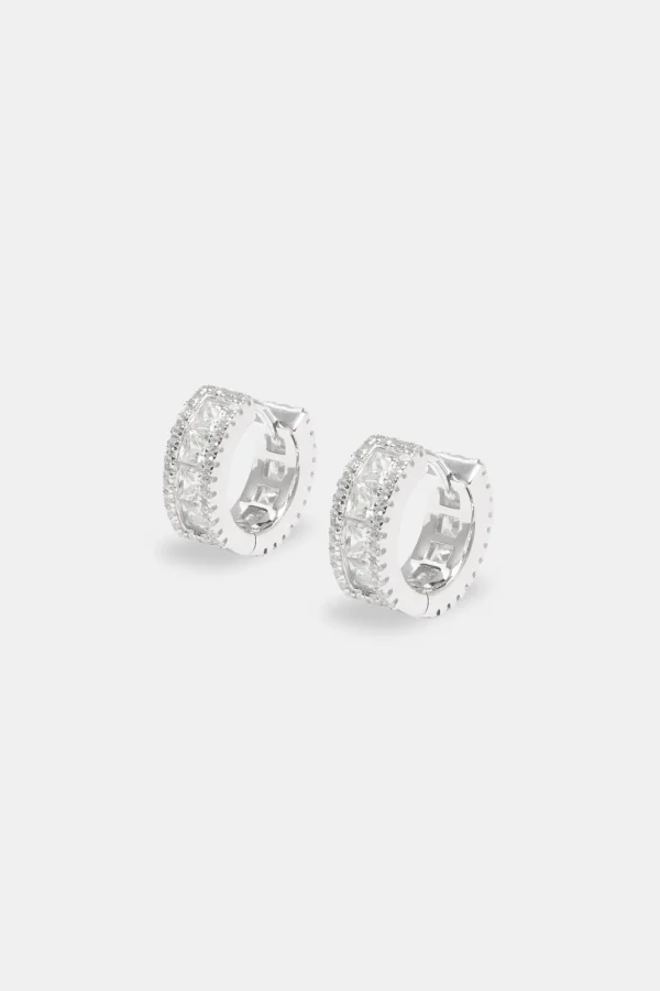 925 Clear CZ Baguette Hoop Earrings - White - 10mm