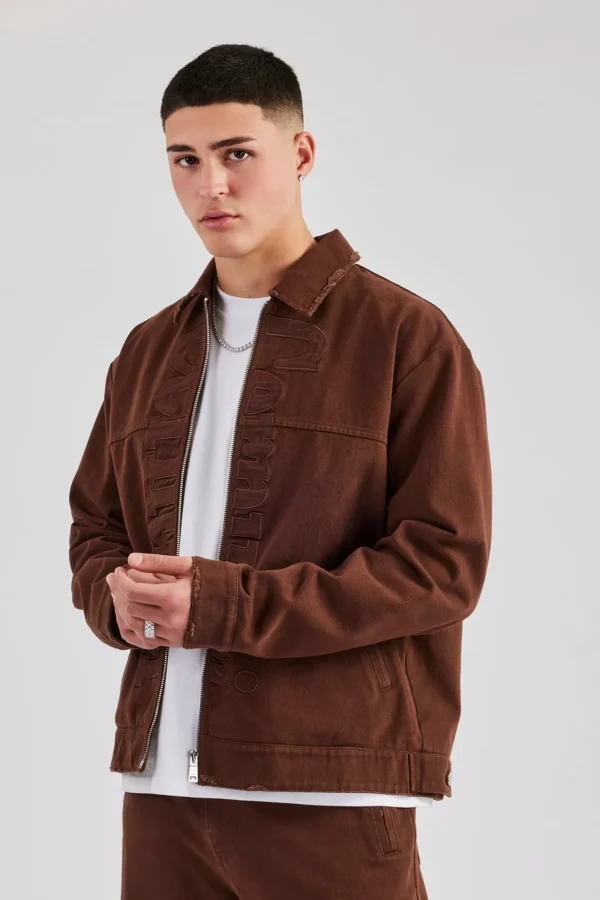 Contrast Logo Twill Harrington Jacket - Chocolate