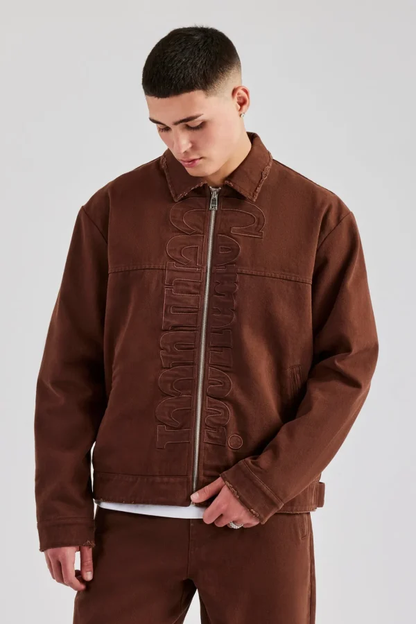 Contrast Logo Twill Harrington Jacket - Chocolate