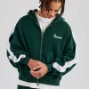 Contrast Panel Boxy Zip Through Hoodie - Forest Green