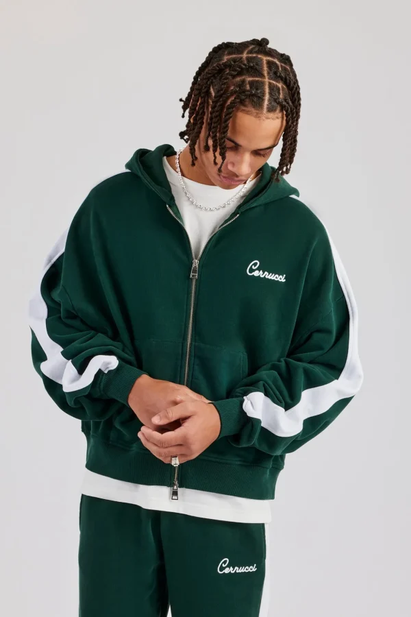 Contrast Panel Boxy Zip Through Hoodie - Forest Green