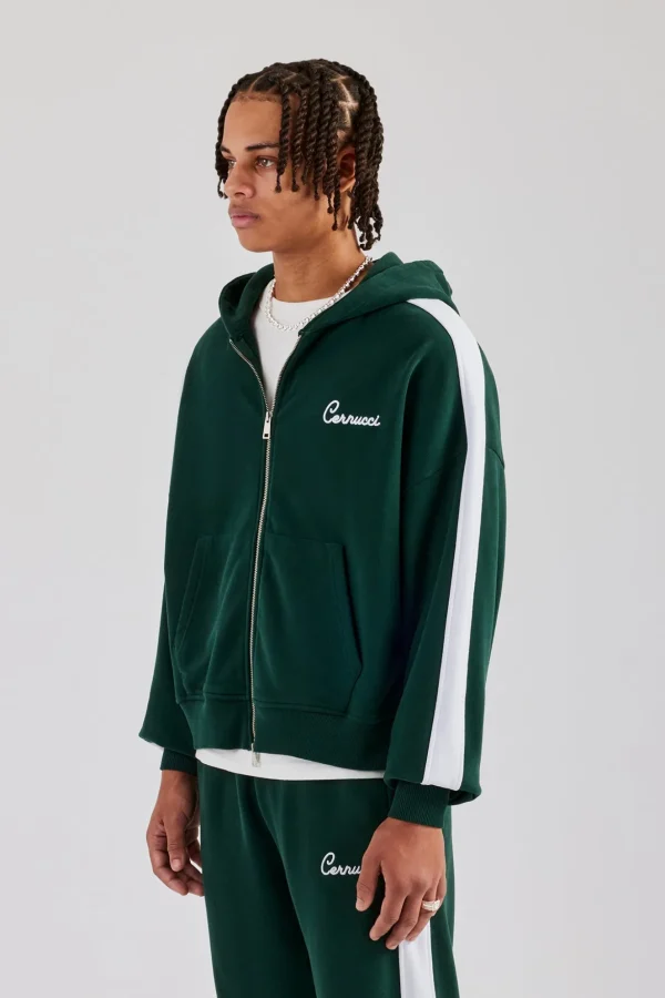 Contrast Panel Boxy Zip Through Hoodie - Forest Green