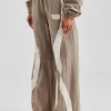 Contrast Panel Nylon  Wide Leg Trouser - Khaki