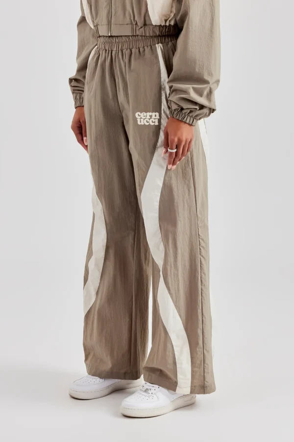 Contrast Panel Nylon  Wide Leg Trouser - Khaki