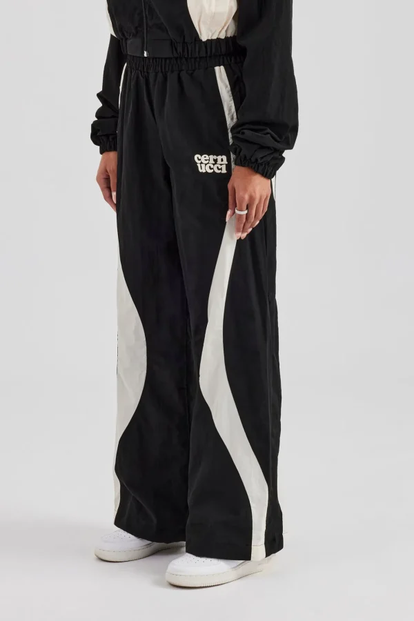 Contrast Panel Nylon Wide Leg Trouser - Black