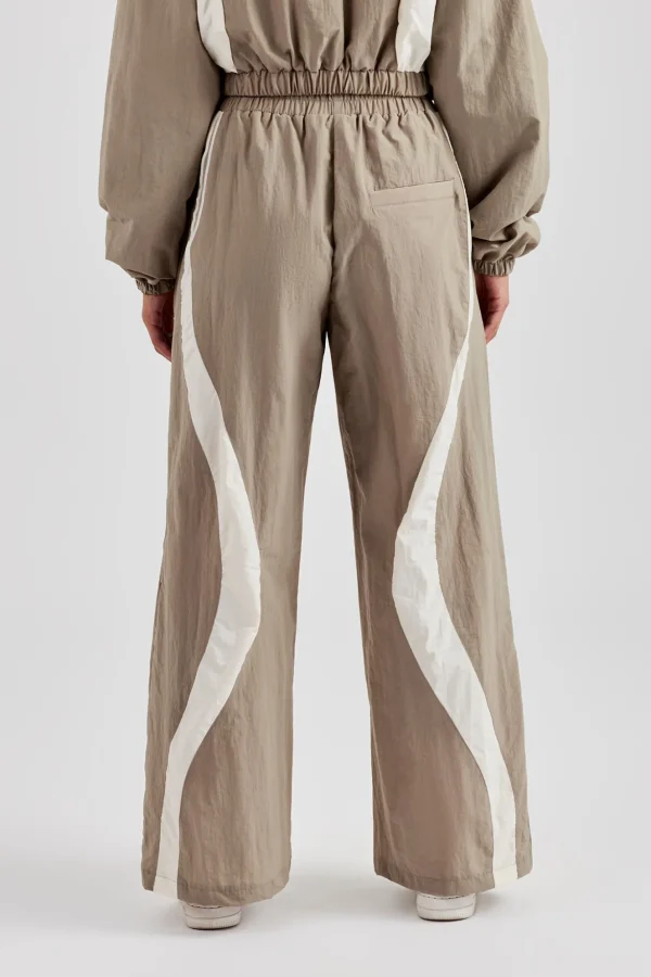 Contrast Panel Nylon  Wide Leg Trouser - Khaki