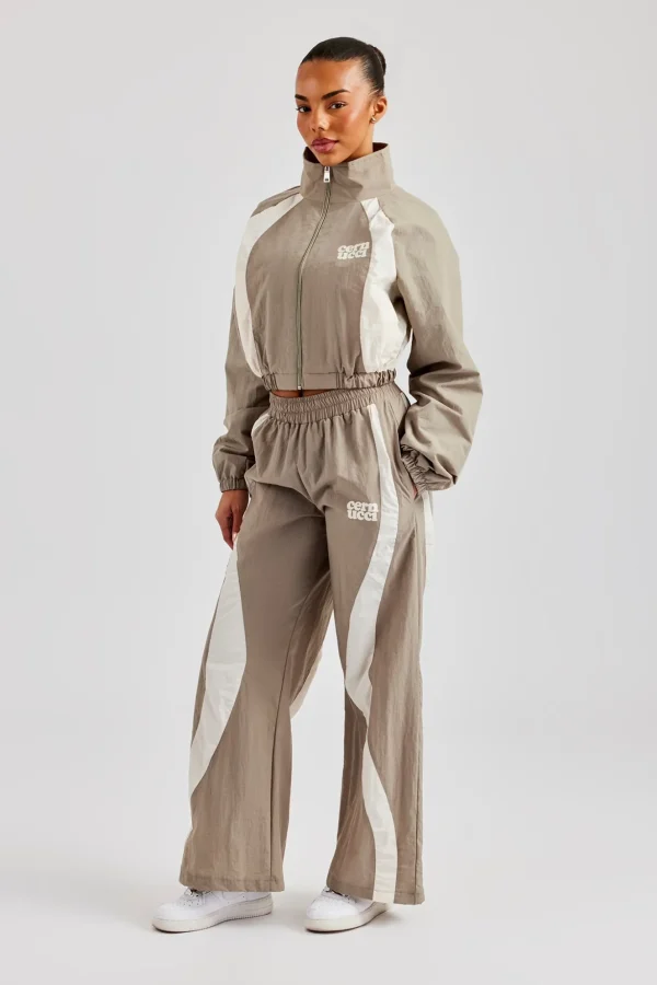 Contrast Panel Nylon  Wide Leg Trouser - Khaki