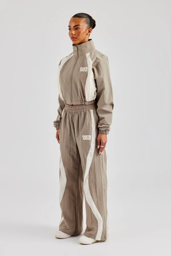 Contrast Panel Nylon Zip Through Tracksuit - Khaki