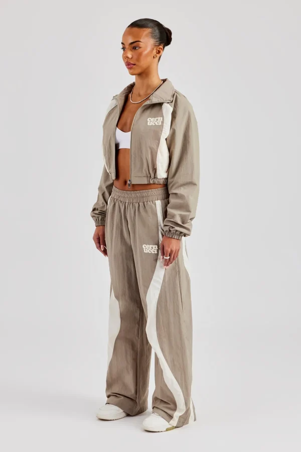 Contrast Panel Nylon Zip Through Tracksuit - Khaki