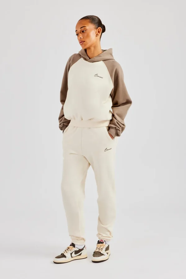 Contrast Raglan Sleeve Hoodie & Embroidered Cuffed Jogger - White