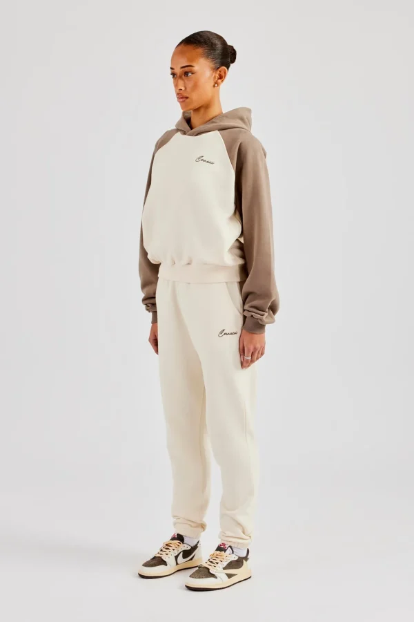 Contrast Raglan Sleeve Hoodie & Embroidered Cuffed Jogger - White