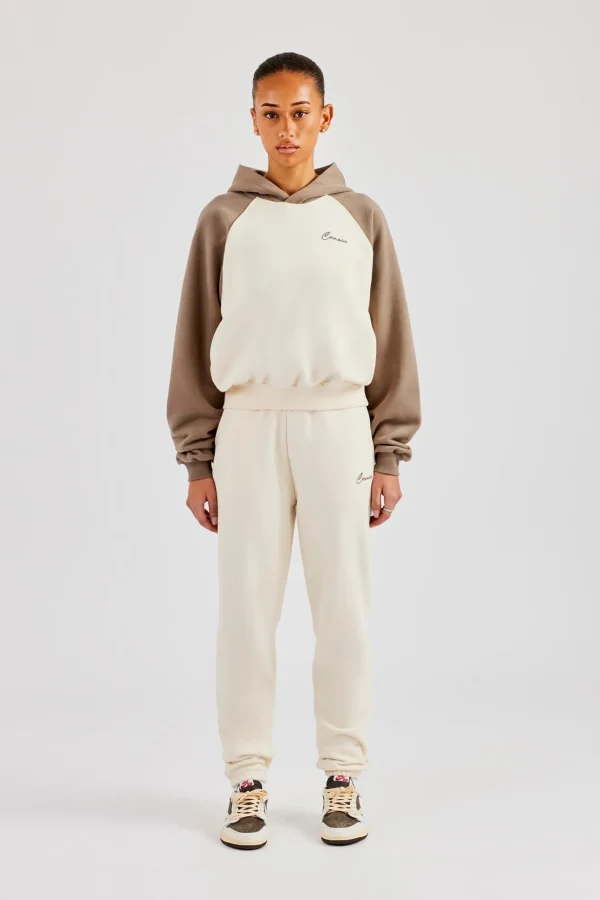 Contrast Raglan Sleeve Hoodie & Embroidered Cuffed Jogger - White