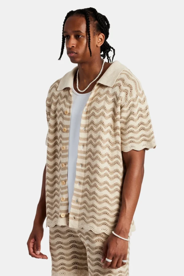 Crochet Knitted Embroidered Shirt - Beige