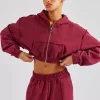 Cropped Exposed Seam  Zip Through Hoodie - Cherry Red