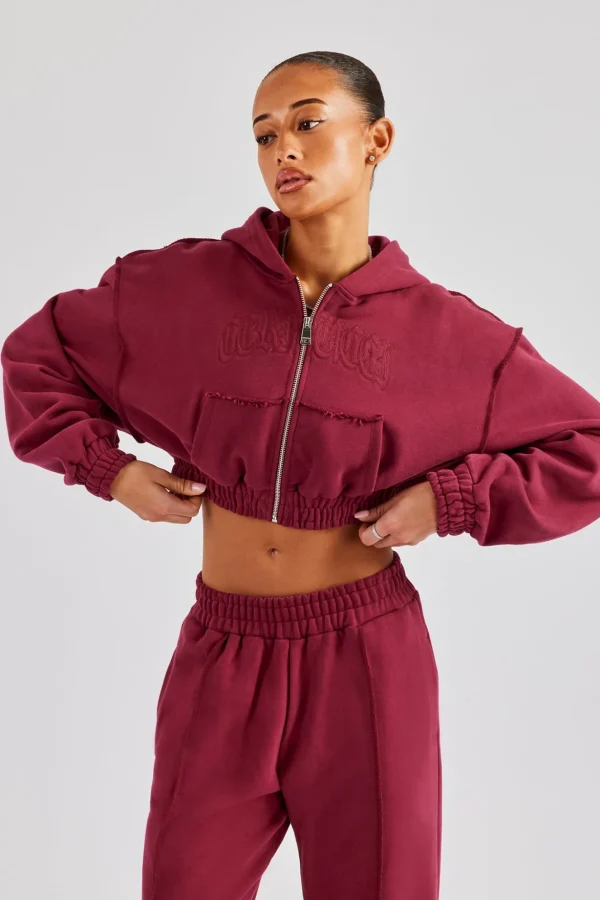 Cropped Exposed Seam  Zip Through Hoodie - Cherry Red