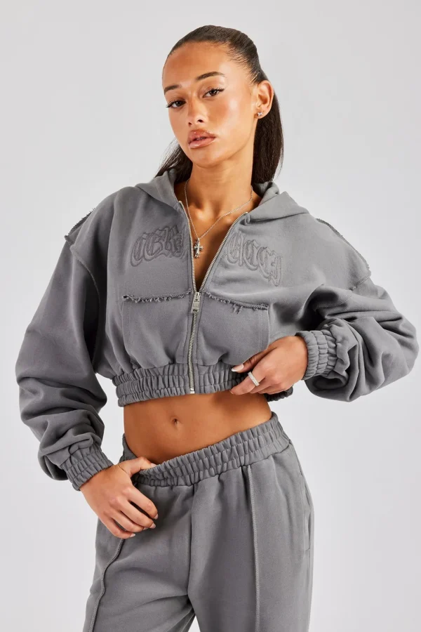 Cropped Exposed Seam  Zip Through Hoodie - Charcoal