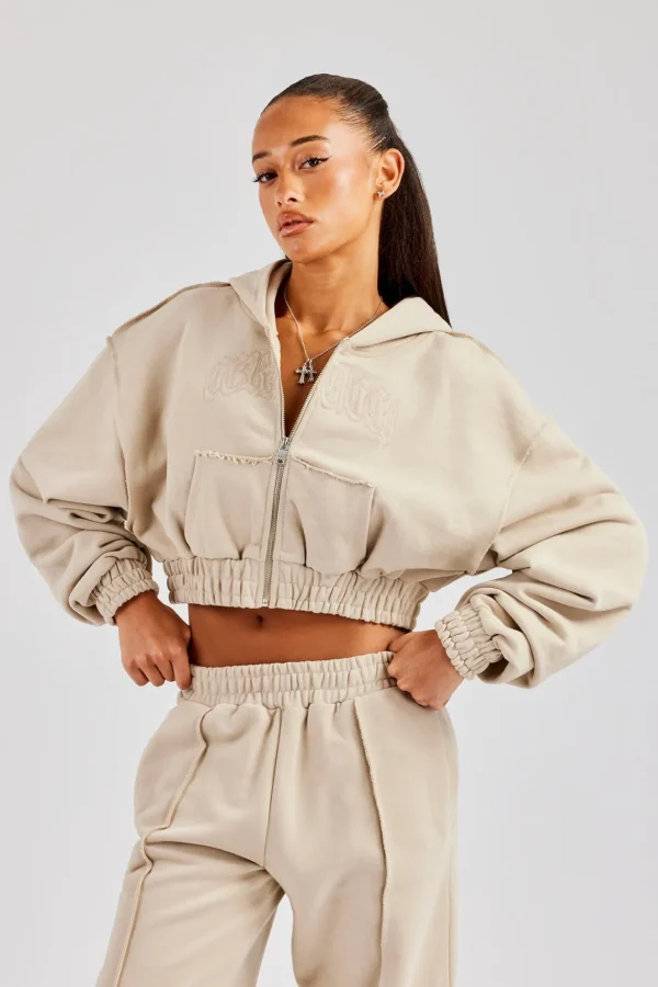 Cropped Exposed Seam  Zip Through Hoodie - Stone