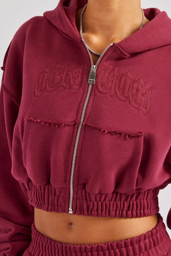 Cropped Exposed Seam  Zip Through Hoodie - Cherry Red